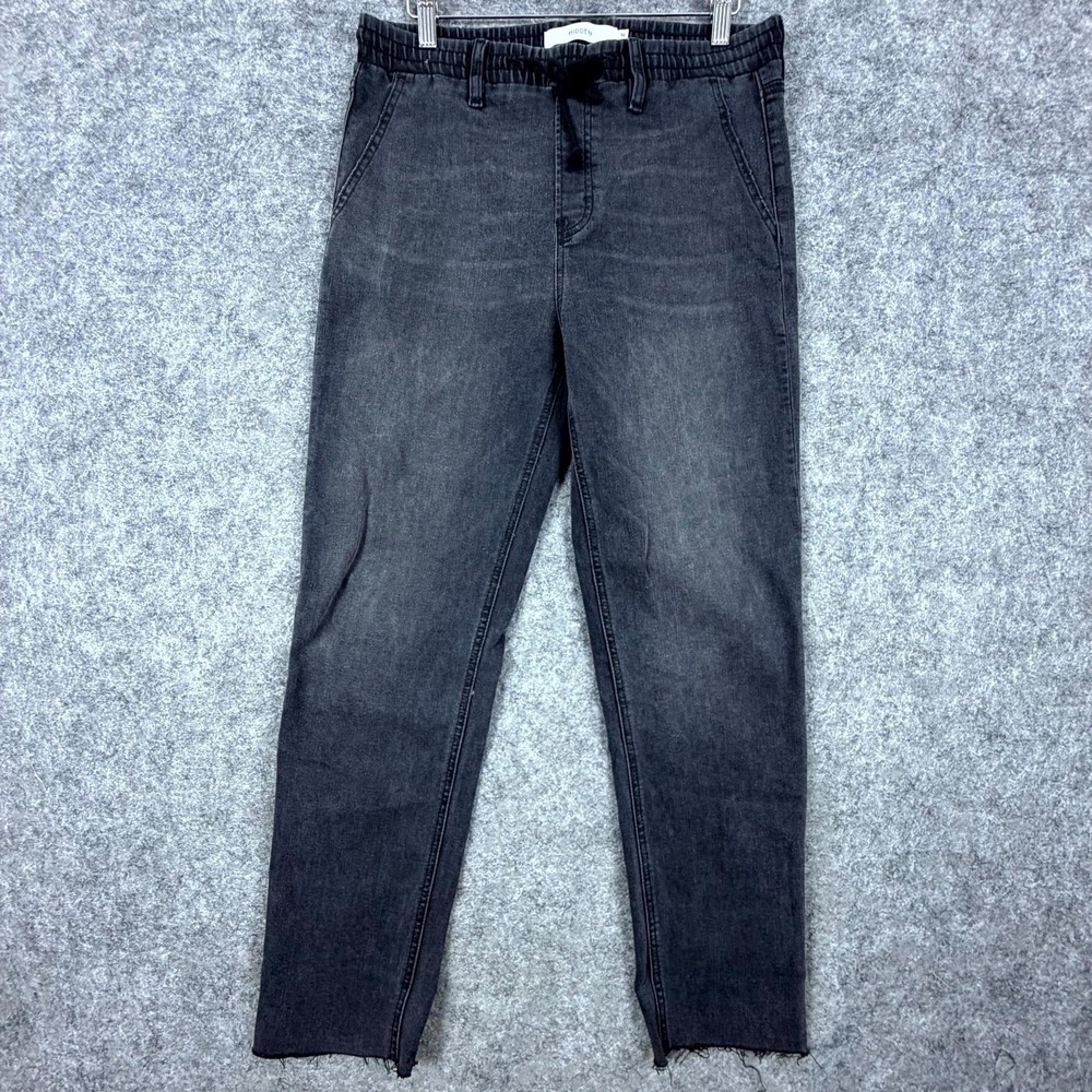 Hidden Straight Jeans Womens Medium Grey Denim Stretch Raw Hem Drawstring Pullon